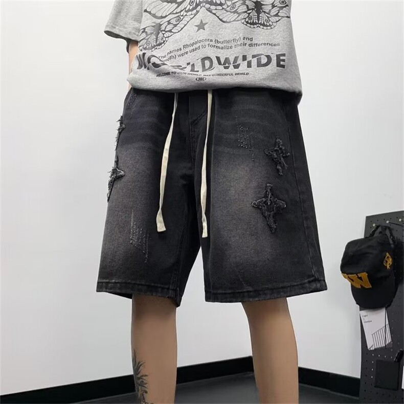 夏季薄款破洞牛仔短裤男美式TG35P40,男装牛仔裤,星座1116-2