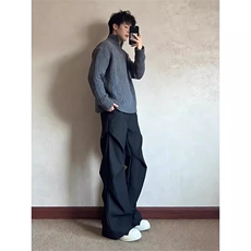 1506/QLZ2280/P45黑色褶皱西装裤男cleanfit美式垂感直筒阔腿裤，男装西服套装，星座1506