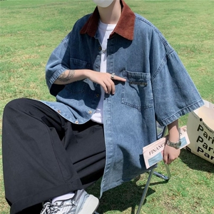 牛仔短袖衬衫男韩版夏季薄款ins情侣半袖外套薄款痞帅潮流T恤衬衣图片