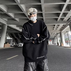 明线设计撞色圆领毛衣男帅气休闲宽松百搭情侣针织衫3309P50，男装针织衫/毛衣，星座410-2