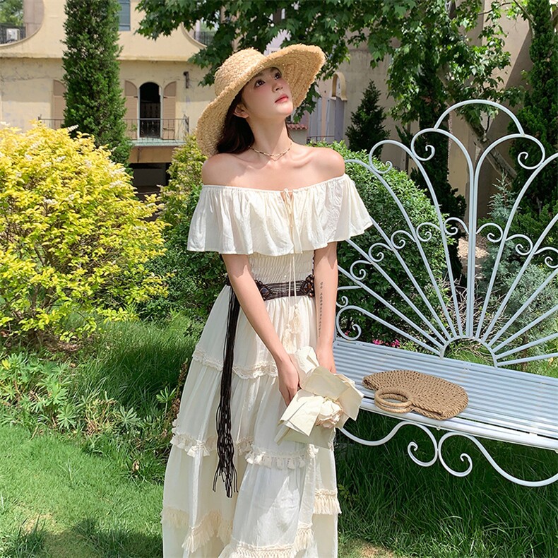 法式浪漫优雅连衣裙女2025夏季新款赫本风高腰一字肩荷叶边裙子潮,女装连衣裙,浙宝305