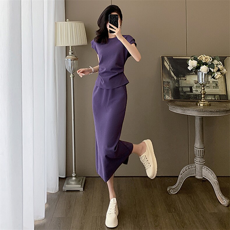 时尚气质减龄运动套装裙女夏新款紫色圆领短袖上衣半身长裙两件套,女装套装/套裙,2C310