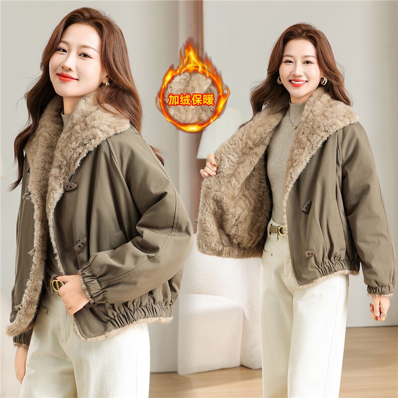 派克服女冬季新款简约大气洋气整件毛绒加厚保暖外套棉衣，女装派克服，曼沙奕珂