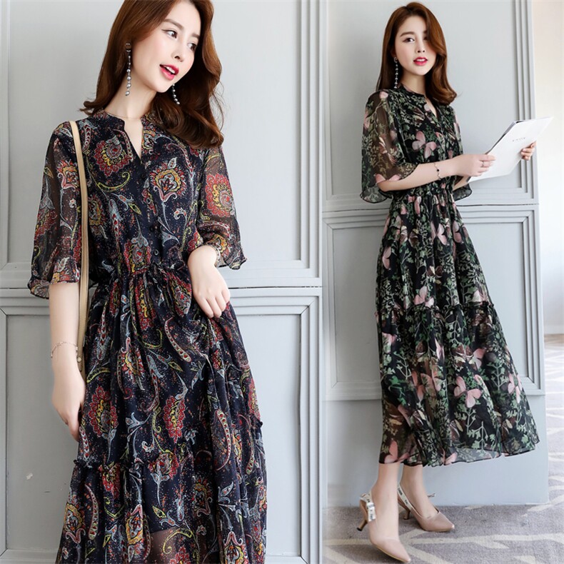 妈妈连衣裙高贵洋气中长款夏季新款高端大码民族风复古气质a字裙L，女装连衣裙，木橙西子
