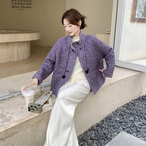紫色立领双面呢大衣女2025秋冬新款法式漂亮气质小个子毛呢外套潮图片