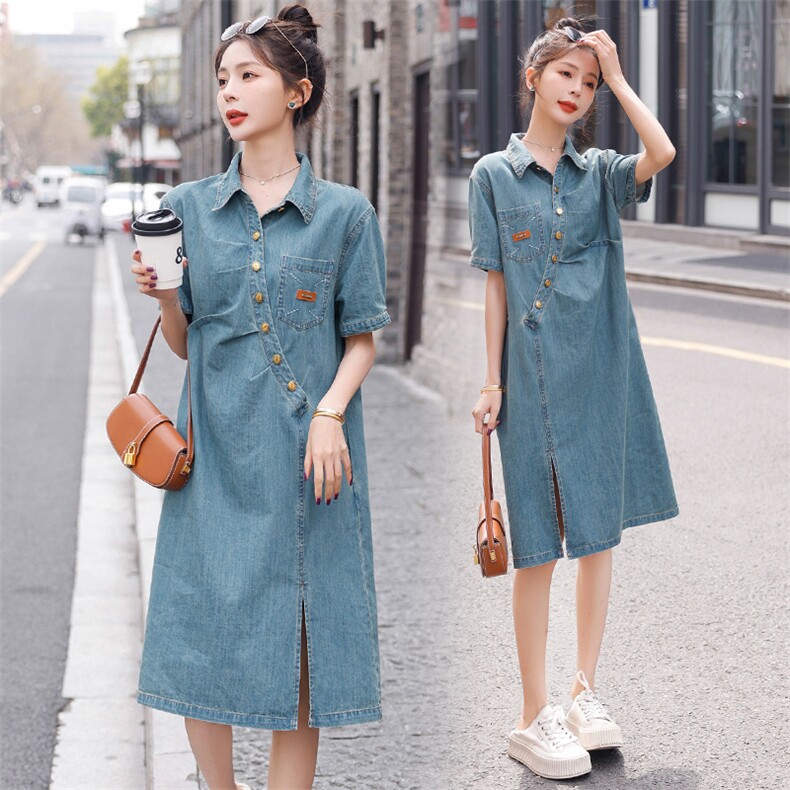 现货2023牛仔连衣裙复古蓝收腰系带显瘦韩版气质夏装新品，女装连衣裙，钱塘布衣