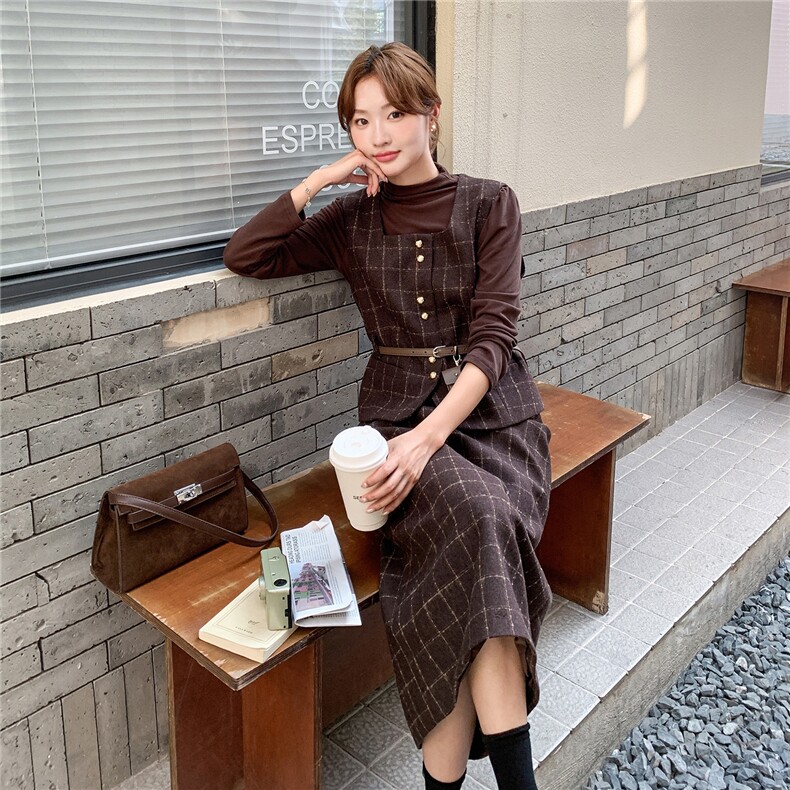 格纹马甲打底衫半身裙套装女秋冬2025新款小个子爆款高级感三件套,女装套装/套裙,1D102-1