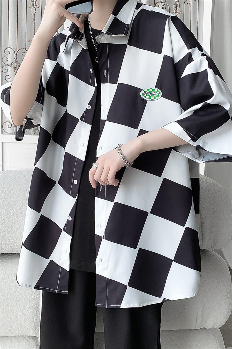 C6071/P35夏季新款格子冰丝短袖衬衫男女潮休闲衬衣宽松大码上衣,男装衬衫,电商A141