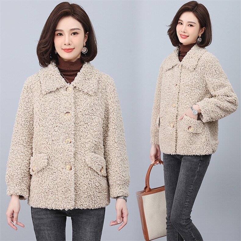 加厚短外套女2023秋冬新款时尚翻领颗粒绒皮毛一体宽松外套，女装大码女装，奕阳依阁
