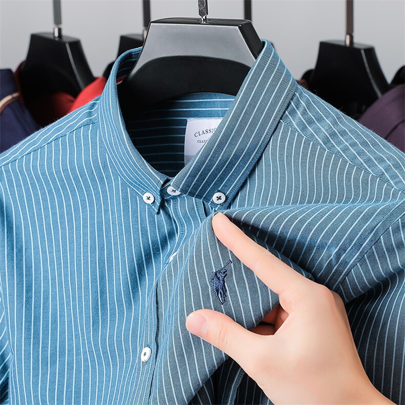 春季新款长袖衬衫男翻领条纹上衣中年男士商务休闲爸爸衬衣男装图片