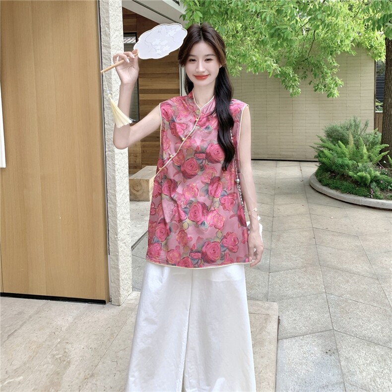 新中式国风盘扣立领衬衫女2025夏季新款时尚洋气印花老钱风上衣潮，女装蕾丝衫/雪纺衫，浙宝069