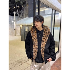 网图美潮麂皮绒豹纹座山雕棉服外套W1909/特P118，男装棉衣，电商B350