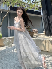 法式温柔风网纱拼接吊带连衣裙女夏季2025年新款超好看蝴蝶结长裙，女装连衣裙，浙宝203