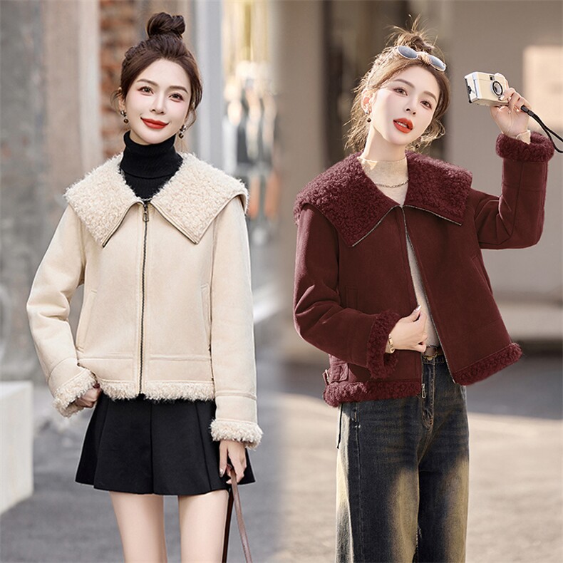 洋气减龄娃娃领皮毛一体羊羔毛外套女2025冬季新款加厚鹿皮绒上衣,女装棉衣/棉服,自然秀