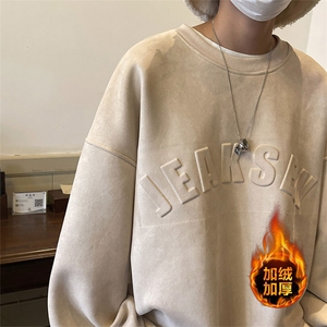 冬季新款麂皮绒大码加绒圆领卫衣男休闲宽松型JK22317Jp85控98图片