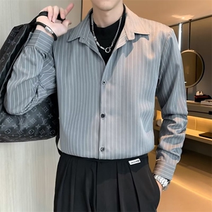 秋季高级感黑色条纹衬衫男士长袖商务休闲衬衣假两件衬衫Q803P43图片