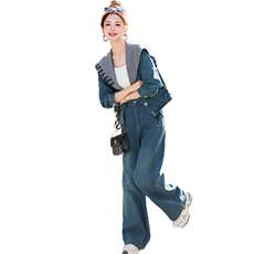 休闲复古拼接牛仔套装女2025春季爆款时髦减龄显瘦阔腿裤两件套潮，女装套装/套裙，欣品汇