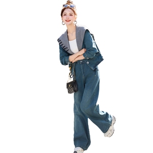 休闲复古拼接牛仔套装女2025春季爆款时髦减龄显瘦阔腿裤两件套潮图片