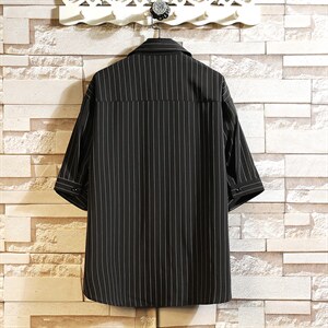 条纹衬衣半袖男士休闲度假痞帅冰丝衬衫翻领上衣加肥加大码，男装衬衫，星座1306