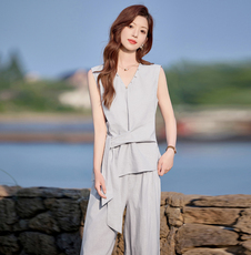 时尚高级感无袖背心套装女夏2025新款巨好看系带上衣阔腿裤两件套，女装套装/套裙，美沁