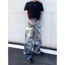 糜烂破坏手绘涂鸦3D印花baggy宽松直筒牛仔裤N686-P55，男装牛仔裤，星座308B-2