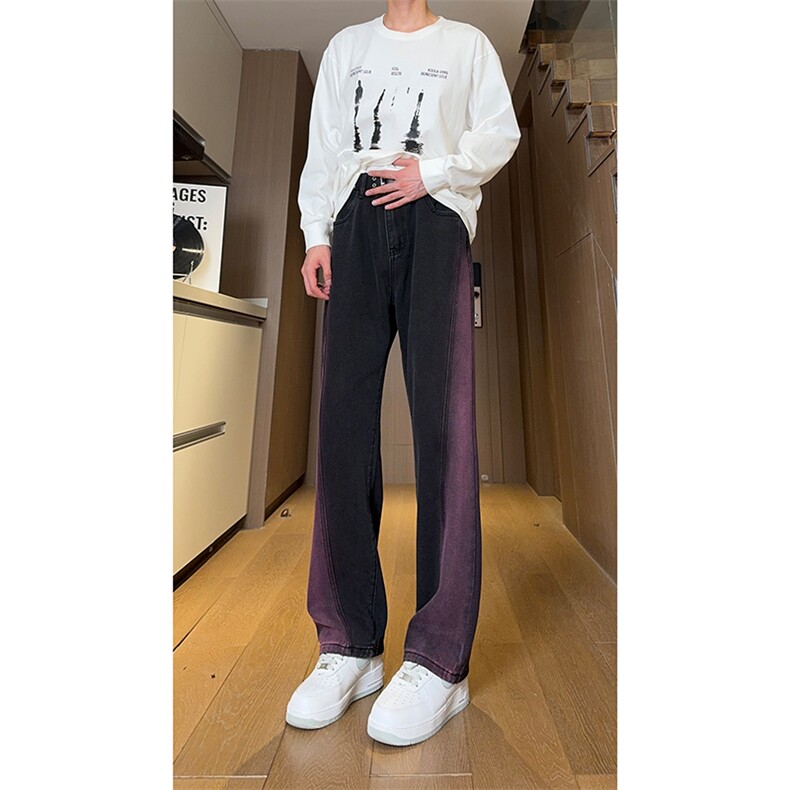 现货黑紫色拼接宽松阔腿直筒撞色休闲牛仔裤男女K5820-P50控78,男装牛仔裤,星座205