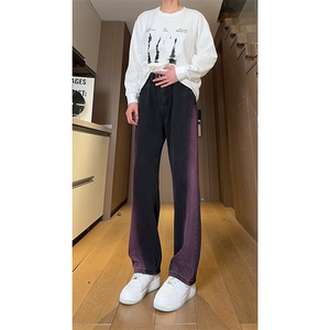 现货 黑紫色拼接宽松阔腿直筒撞色休闲牛仔裤男女 K5820-P50 控78图片