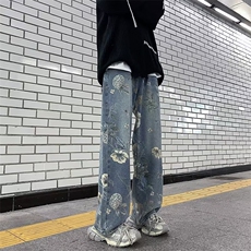 美式牛仔裤男款夏季设计感小众阔腿潮牌炸街痞帅裤子RK1142-P51，男装牛仔裤，星座412-3