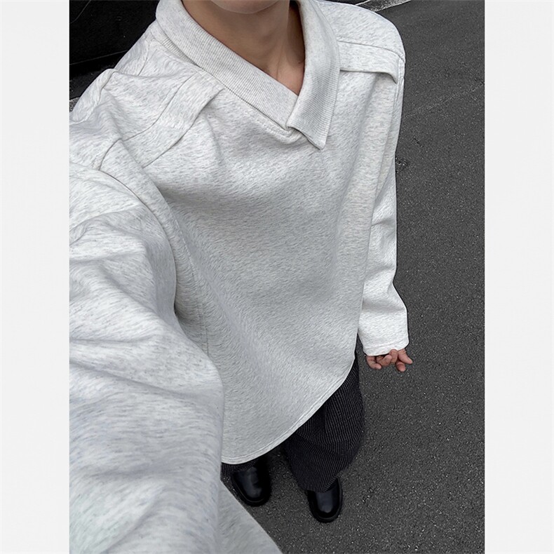 不规则设计感花灰色卫衣男款解构重磅垫肩长袖衬衣立秋穿搭T恤潮，男装T恤，电商A001