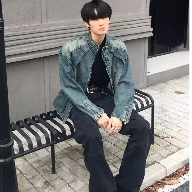 现货春秋宽松做旧立领重磅解构牛仔外套男拉链夹克网图JK003-78,男装工装外套,星座302B-3