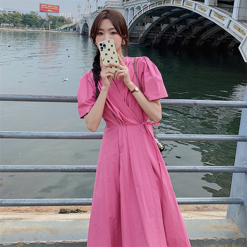 法式粉色连衣裙女2025夏季新款气质女神范收腰显瘦温柔风茶歇长裙,女装连衣裙,2C092