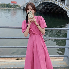 法式粉色连衣裙女2025夏季新款气质女神范收腰显瘦温柔风茶歇长裙，女装连衣裙，2C092