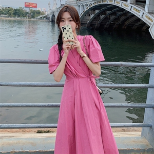 法式粉色连衣裙女2025夏季新款气质女神范收腰显瘦温柔风茶歇长裙图片