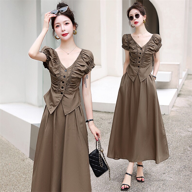 半身裙套装女2024新款夏气质名媛高腰百褶洋气两件套，女装套装/套裙，橙子家