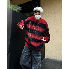 复古吉他字母条纹破洞毛衣宽松仿貂毛慵懒显瘦针织衫MY9544，男装针织衫/毛衣，星座1116A-1（原606A）