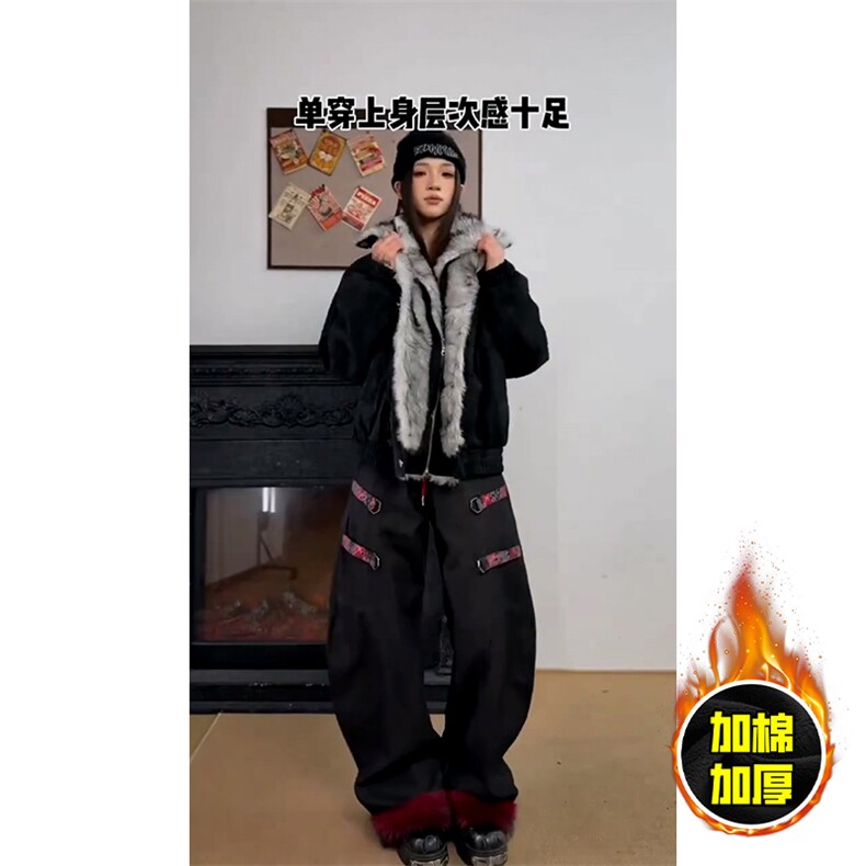 现货高品质美式高街重磅狼王座山雕毛毛领假两件棉衣加厚棉服外套,男装棉衣,电商A486