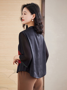 新中式中老年重磅真丝半袖上衣夏季妈妈女桑蚕丝时尚T恤衫图片