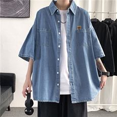 wassuphappy牛仔短袖衬衫男夏季港风潮牌痞帅衬衣青少年休闲外套，男装衬衫，星座512-3
