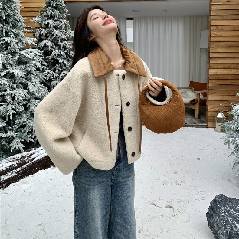 韩系撞色拼接短款羊羔毛外套女秋冬2025新款设计皮毛一体气质外套,女装短外套,2C259
