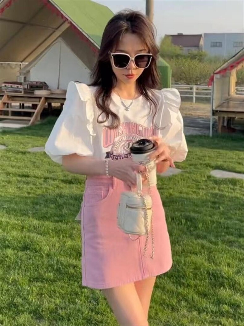 夏季印花木耳边T恤，女装T恤，简蔻