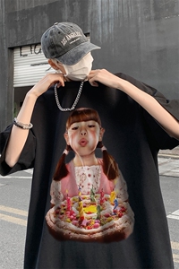 B239-1187-P28欧美式小女孩创意蛋糕印花夏季高克重落肩袖短袖t恤图片