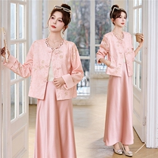 新中式G风套装女2026春新款优雅时尚复古盘扣刺绣文艺范两件套裙，女装套装/套裙，时尚俏佳人