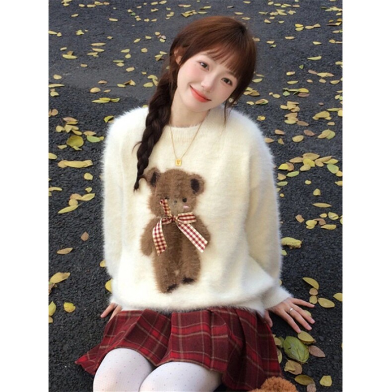 甜美可爱小熊蝴蝶结提花毛衣女学生秋冬慵懒风针织衫 MY6047图片