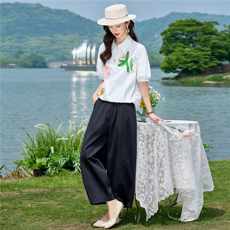 2026年夏季新款时尚水墨印花衬衫裤子两件套,女装套装/套裙,依路服饰