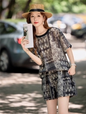亚麻套装女2025年夏季新款时尚宽松中年妈妈大码棉麻短款两件套，女装套装/套裙，江忆布依