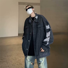 牛仔外套男春季宽松高级感痞帅欧美高街hiphop高街春秋款破洞夹克，男装夹克，星座601-2