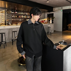 现货翻领撞色拼接百搭纯色美式潮男长袖T恤A071-3332-P55，男装T恤，电商A071