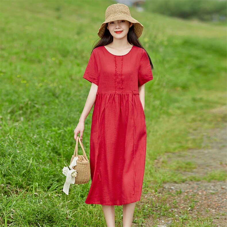 2026年夏季女士短袖休闲旅游约会街拍聚会逛街亚麻,女装连衣裙,江南依恋