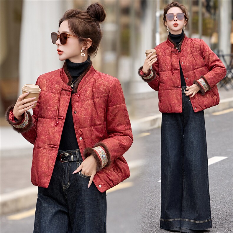 新中式绵羊毛棉服女2025年冬季新款时尚刺绣真水貂毛棉袄加厚外套,女装棉衣/棉服,拾衣