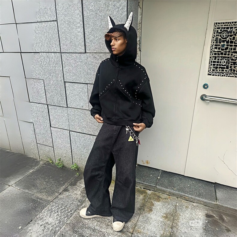 抖音得物高品质26春装美式高街铆钉杜宾犬耳朵开衫卫衣外套W125,女装短外套,电商A486-1